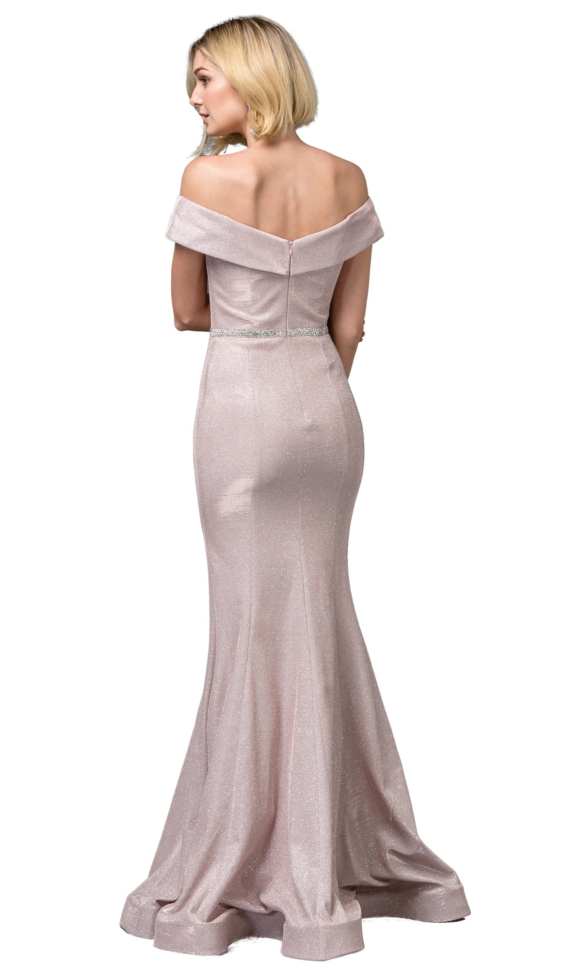 A woman shown from the back wearing the Long Mermaid Prom Dress: Dancing Queen 2871 in light pink, featuring an off-the-shoulder neckline, fitted bodice, and flared mermaid skirt.